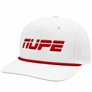 May include: A white baseball cap featuring a structured crown and a flat brim. The front displays the word "MUPE" in bold, raised red embroidery. A thick, braided red cord runs horizontally across the base of the crown, just above the brim.