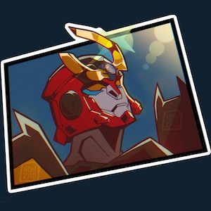 Peut inclure: Un robot rouge et or avec un casque à cornes et une visière bleue. Le robot regarde vers le haut et vers la droite. L'arrière-plan est un ciel bleu avec des nuages blancs.