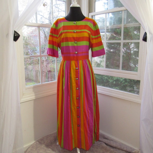 Vintage Dress, Bright Hues, Orange, Pink, Green, Fit and Flare, 80s does 60s, 70s, Large Vintage, XL Vintage