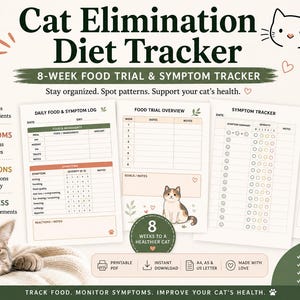 May include: A 67-page printable and fillable PDF cat elimination diet tracker featuring an 8-week food trial and symptom log. The document includes sections for daily food, symptoms, reactions, and progress, decorated with cat illustrations and green accents.
