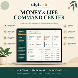 May include: A digital Money & Life Command Center dashboard displayed on a laptop screen. The interface features financial tracking modules including income, net worth, debt, and subscription logs with a dark green sidebar and white background.