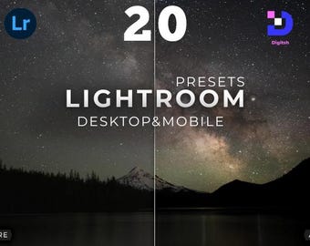 May include: A split-screen comparison showing a night sky over a lake and forest. The left side is dark, while the right side is vibrant. Text reads: 20 PRESETS LIGHTROOM DESKTOP&MOBILE. Logos for Lr and Digitsh are visible in the top corners.