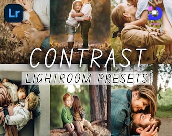 May include: A collection of six photographic images featuring people in outdoor and indoor settings, displayed as a collage with the text CONTRAST LIGHTROOM PRESETS overlaid in the center. The images show various warm-toned portraits of children and adults.