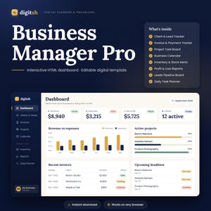 May include: Business Manager Pro digital dashboard template featuring a dark blue interface with white text. The layout includes a sidebar navigation, revenue and expense charts, active project progress bars, recent invoice lists, and upcoming deadlines.