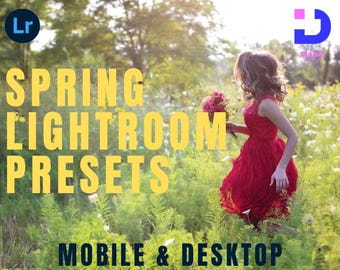 Puede incluir: Un gráfico digital con el texto SPRING LIGHTROOM PRESETS MOBILE & DESKTOP, un logotipo Lr y un icono azul y rosa. El fondo muestra a una persona con un vestido rojo sosteniendo un ramo de flores en un campo de plantas verdes.