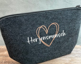 Kosmetiktasche Filz Herzensmensch anthrazit