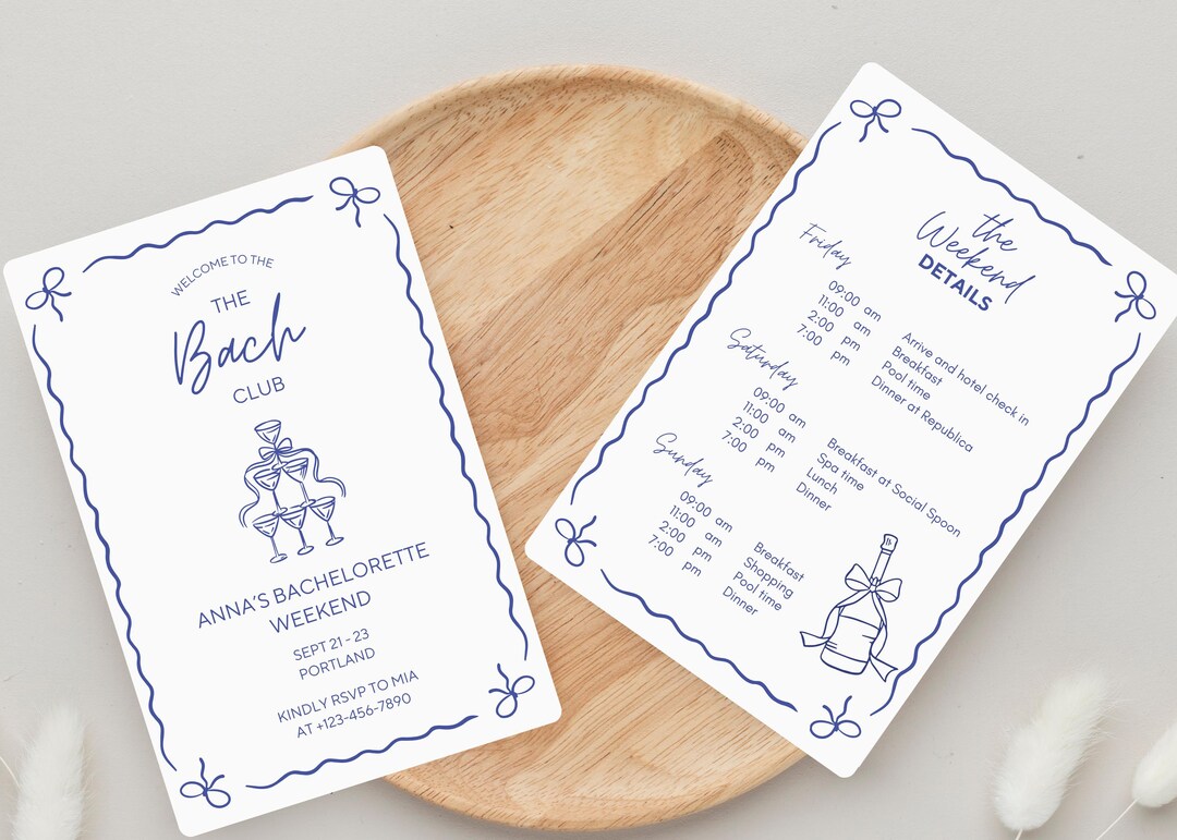 Bach Club Bachelorette Itinerary Template Blue Cream Ribbon (DIY