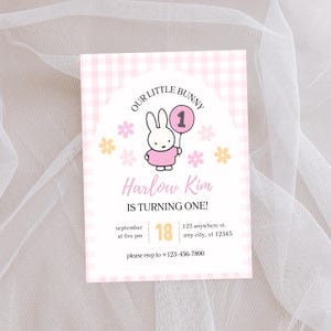 Roze nijntje verjaardag | Kawaii verjaardagsuitnodiging konijn | Pastelkleurige uitnodiging konijnenfeestje | Direct downloaden