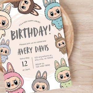 Invito di compleanno Labubu / Festa di compleanno / Festa di compleanno per bambini / Download modificabile immediato / Modello Canva
