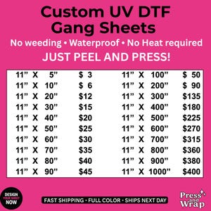 Custom UV DTF Gang Sheet | Waterproof Peel & Stick Decals for Tumblers, Packaging, Glass, Plastic | Full-Color Ready to Press Transfer