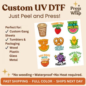 Custom UV DTF Gang Sheet | Upload Your Images | Ready to Press Full-Color Decals for Tumblers, Cups, Packaging, Glass, Plastic & More
