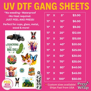 Custom UV DTF Gang Sheet | Waterproof Peel & Stick Decals for Tumblers, Packaging, Glass, Plastic | Full-Color Ready to Press Transfer