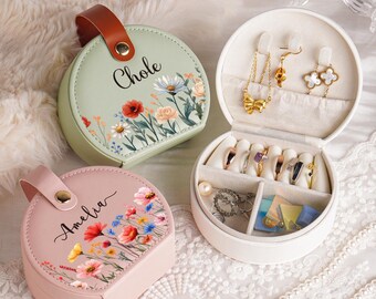 Personalized Jewelry Box With Birth Flower,Custom Name Leather Jewelry Case,Travel Jewelry Box,Gift For Her,Christmas Gifts,Bridesmaid Gifts