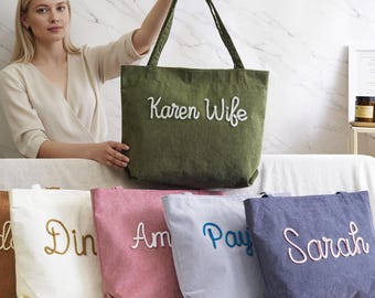 Custom Name Tote Bag,Personalized Embroidered Corduroy Tote,Monogram Bag,Bridesmaid Gift