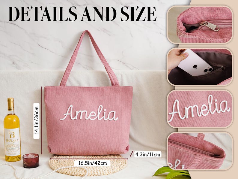 May include: A pink corduroy tote bag with the name "Amelia" embroidered in white script. The bag is 14.1 inches (36 cm) high and 16.5 inches (42 cm) wide. The image also shows a bottle of wine and a candle.