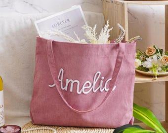 Personalized Corduroy Tote,Custom Name Tote Bag,Christmas Gifts,Traveling Handbag,Gift for Her,Monogram Bag,Bridesmaid Gift