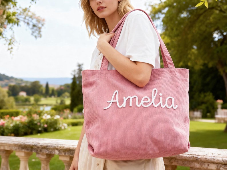 May include: A pink corduroy tote bag with the name "Amelia" embroidered in white script. The bag has a rectangular shape with two handles. The background shows a person wearing a white shirt and a scenic outdoor view.