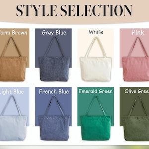 May include: An image showcasing a style selection of tote bags in various colors. The bags are displayed against colored backgrounds, including warm brown, grey blue, white, pink, light blue, French blue, emerald green, and olive green. The text "STYLE SELECTION" is at the top.