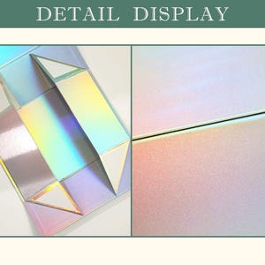 K&ouml;nnte beinhalten: Detailansicht einer holografischen Geschenkbox. Die Box ist zu einer geometrischen Form mit dreieckigen Klappen gefaltet. Die Oberfl&auml;che reflektiert einen Regenbogen von Farben. Die rechte Seite zeigt eine Nahaufnahme der Oberfl&auml;che der Box mit dezentem Perlmuttglanz.