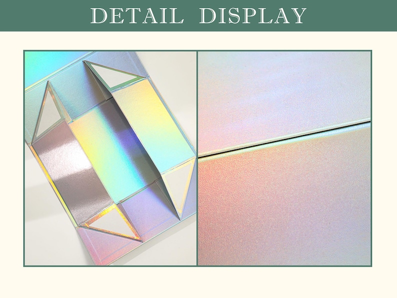 K&ouml;nnte beinhalten: Detailansicht einer holografischen Geschenkbox. Die Box ist zu einer geometrischen Form mit dreieckigen Klappen gefaltet. Die Oberfl&auml;che reflektiert einen Regenbogen von Farben. Die rechte Seite zeigt eine Nahaufnahme der Oberfl&auml;che der Box mit dezentem Perlmuttglanz.