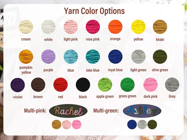 May include: A color chart titled "Yarn Color Options" displays various yarn colors, including cream, white, and pink. The chart also features the names "Rachel" and "Ashley" with corresponding color swatches, offering a range of choices for crafting projects.