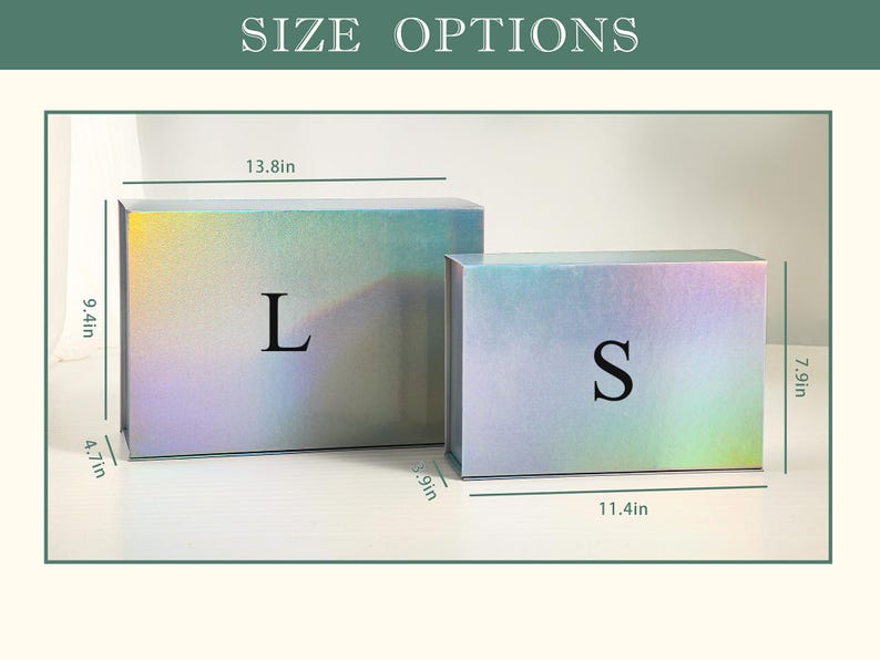 May include: Two iridescent gift boxes, labelled "L" and "S", are displayed. The larger box is 35.1 cm long, 23.9 cm wide, and 11.9 cm high. The smaller box is 29 cm long, 20.1 cm wide, and 9.9 cm high. The text "SIZE OPTIONS" is at the top.