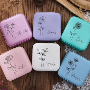 Personalized Birth Flower Travel Jewelry Case,Custom Travel Jewelry Box,Bridesmaid Box,Wedding Favors,Bridesmaid Gift,Gifts for Her