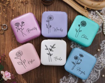 Estuche de viaje personalizado con la flor de nacimiento, caja de joyería personalizada de cuero sintético, caja para damas de honor