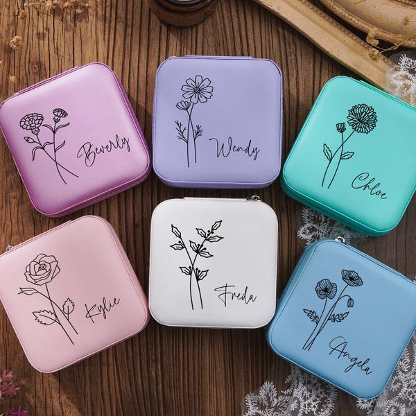 Personalisierte Geburtsblumen-Spielraum-Schmuckschatulle, PU-Leder Schmuckschatulle, Brautjungfer Box