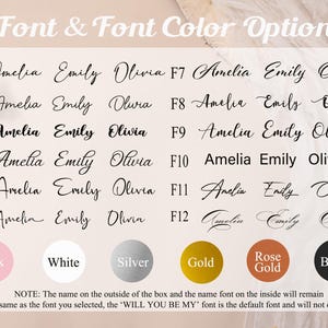 Pu&ograve; includere: Una tabella che mostra le opzioni di carattere e colore con dodici stili tipografici distinti etichettati da F1 a F12, ciascuno con i nomi Amelia, Emily e Olivia. Sotto ci sono sei campioni di colore circolari: rosa, bianco, argento, oro, oro rosa e nero.