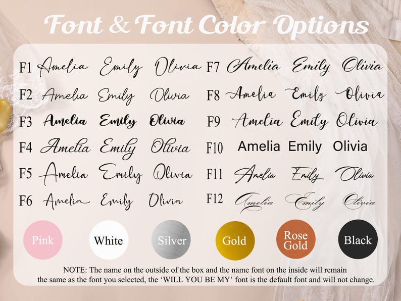 Pu&ograve; includere: Una tabella che mostra le opzioni di carattere e colore con dodici stili tipografici distinti etichettati da F1 a F12, ciascuno con i nomi Amelia, Emily e Olivia. Sotto ci sono sei campioni di colore circolari: rosa, bianco, argento, oro, oro rosa e nero.