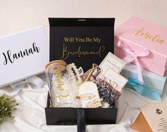 Set de regalo personalizado para proponer ser dama de honor, caja de regalo personalizada de cristalería y accesorios para el cabello, set de caja "¿Quieres ser mi dama de honor?", recuerdos de boda.
