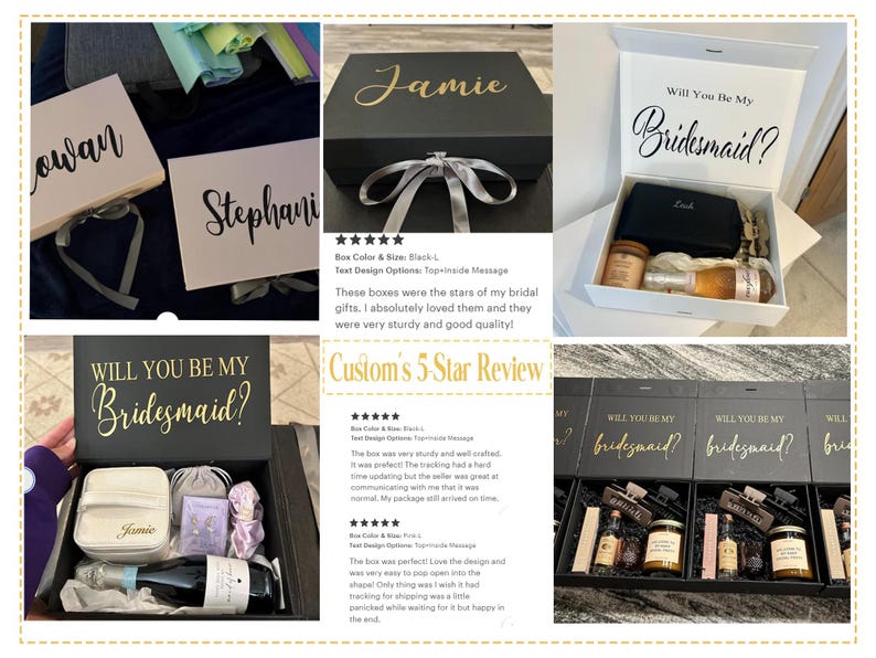 Pu&ograve; includere: Una collezione di scatole regalo rettangolari in bianco e nero, con nomi personalizzati in carattere corsivo e il testo stampato Will You Be My Bridesmaid? Alcune scatole sono aperte, rivelando bottiglie, sacchetti e astucci.