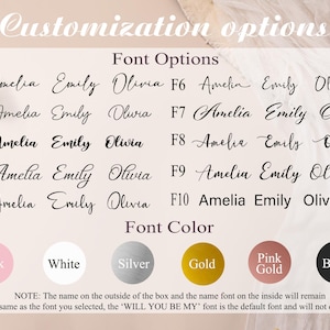 May include: Image showcasing customization options for a product, including font styles and colors. The text displays various font options labeled F1 through F10, with names like Amelia, Emily, and Olivia. Font color options include pink, white, silver, gold, pink gold, and black.