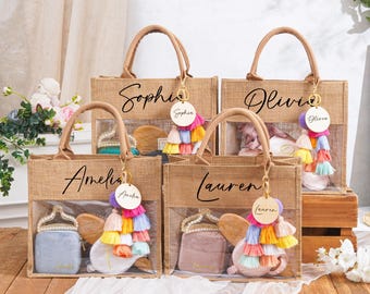 Juego de bolsas de regalo personalizadas, bolsas de playa para damas de honor, recuerdo para despedida de soltera, bolsa de yute, regalos para damas de honor