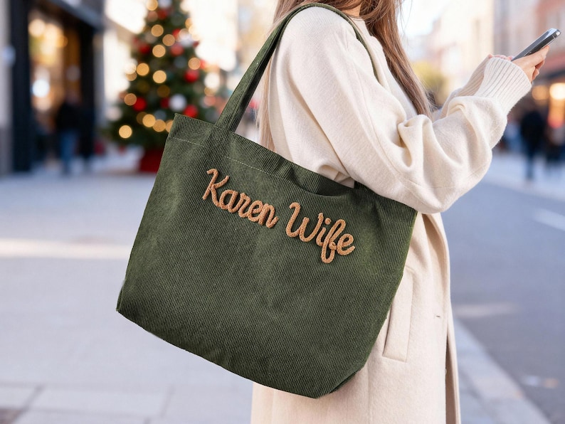 May include: Olive green corduroy tote bag with the words "Karen Wife" embroidered in a light brown script. The bag has a rectangular shape and a shoulder strap. The background is blurred, suggesting an outdoor setting.