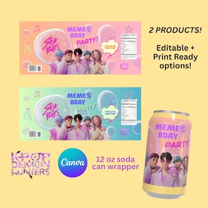Op de afbeelding: Een digitaal ontwerp voor een 355 ml frisdrankblikverpakking. Het ontwerp toont een groep mensen in roze en paarse outfits, met de tekst "MEME'S BDAY PARTY!" en "Saja Boys". Het ontwerp is bewerkbaar en printklaar.