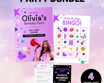 Paquete para fiesta de cumpleaños de Olivia Rodrigo: Invitación editable, bingo y juego de letras (plantilla de Canva, PDF imprimible)