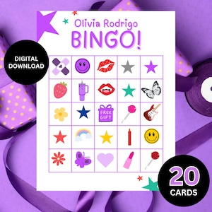 Olivia Rodrigo Bingo Party Game, cartes de bingo Olivia Rodrigo imprimables, bingo amusant pour les adolescentes, soirées pyjama, fêtes, téléchargement numérique
