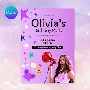Convite Olivia Rodrigo, Modelo de Cartão de Convite de Aniversário Olivia, Modelo Canva Editável