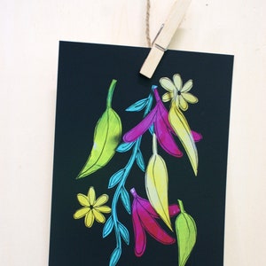 Mini affiche Fleurs et feuilles - Collage de papier peint sur le papier noir coupe carte d’art mur - carte tropicale de style tableau