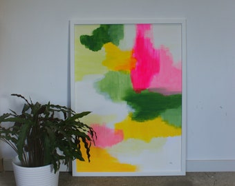 Energy Painting no. 2 - Abstract art layers - one of a kind - acrylics on paper - happy painting - green pink yellow - zizolabel