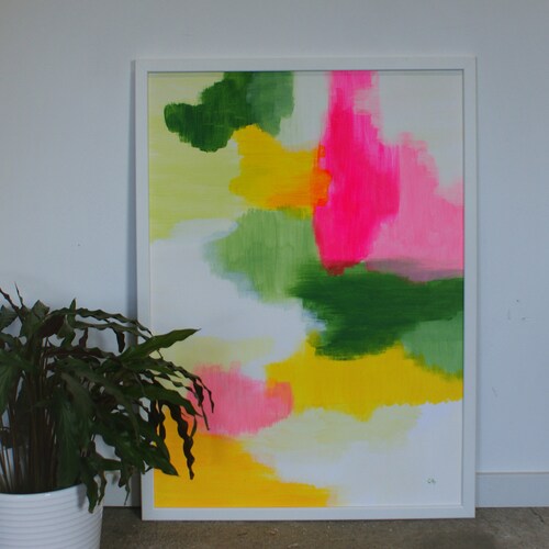 Energy shops Painting no. 2 - Abstract art layers - one of a kind - acrylics on paper - happy painting - green pink yellow - zizolabel