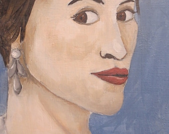 Portrait Woman with earring - original - acrylics on canvas - made by ZIZOlabel - woman female portrait model - light blue - classical