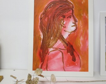 Young woman painting original on thick paper - model painting - unframed pink and terra - loosely painted portrait - happy wall decoration