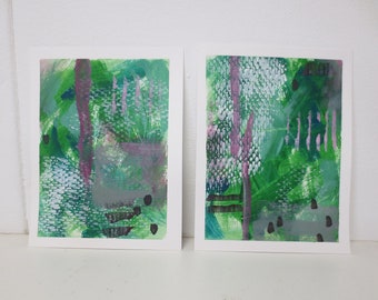 Two original artworks in green - acrylic on paper - by ZIZOlabel - set of two - small art small price - abstract mark making - green nature