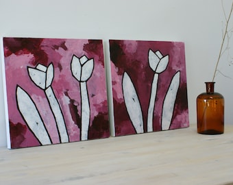 Romantic flower paintings - set of two - pink - canvas - original- acrylic - graphic flower tulip wall art palette knife - wall art pastel