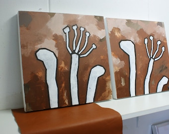Set of flower paintings african lily acrylics on canvas modern decorative in walnut coffee brown colours
