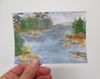 4 cards Canoe on the lake - set - print - illustration - postcard - souvenir card - Sweden - Finland Canada snailmail nordic Scandinavian