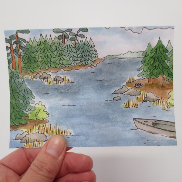 Kaart Kano op het meer - buitensport - set van 4 - tekening buitenleven Scandinavie Canada ansichtkaart souvenir
